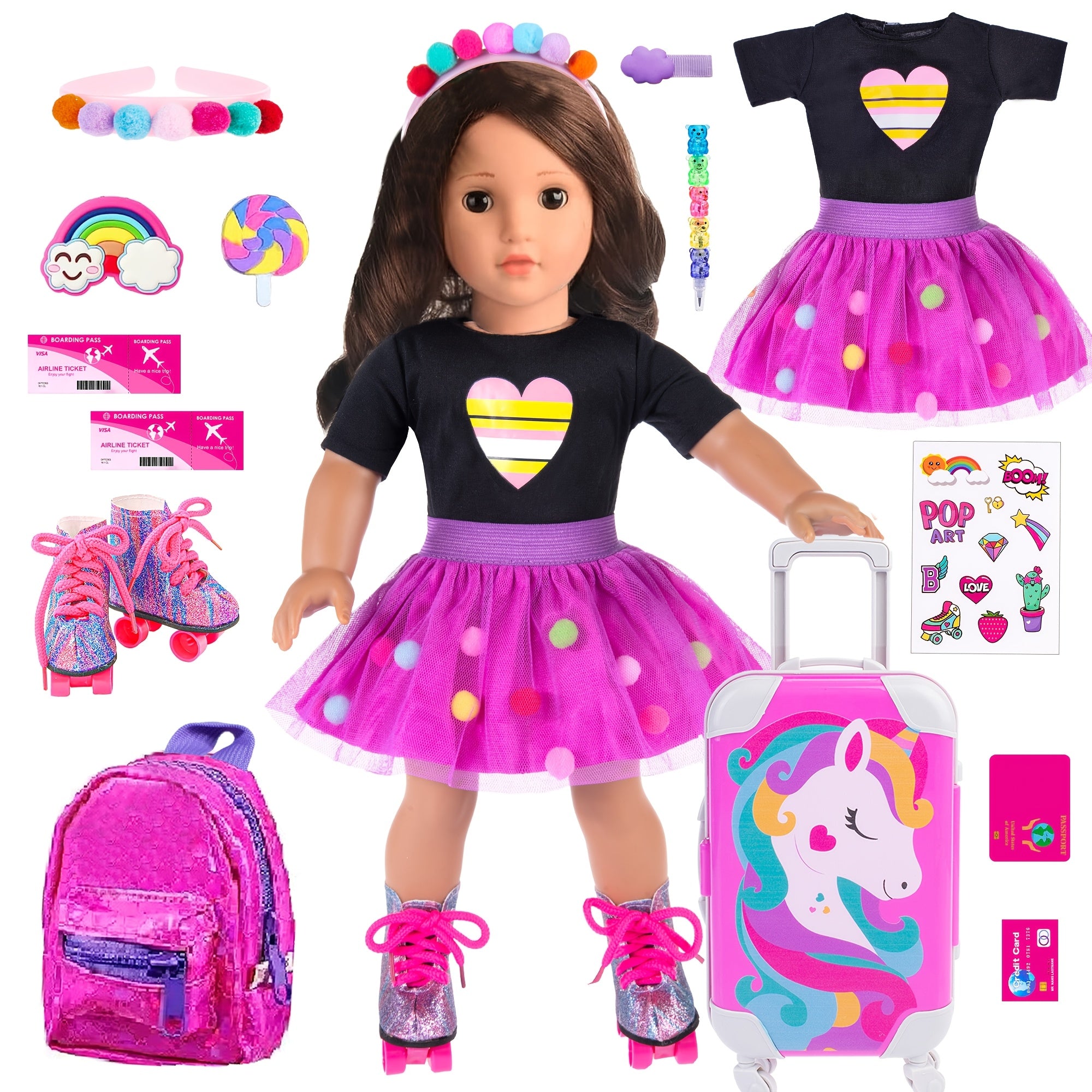 18 Inch Doll Travel Playset 25 Pcs – Unicorn Suitcase Roller Skates Backpack Dress Hairpins Passport Play Money & More Accessories for 18 Inch Dolls Gift for Girls Ages 3+