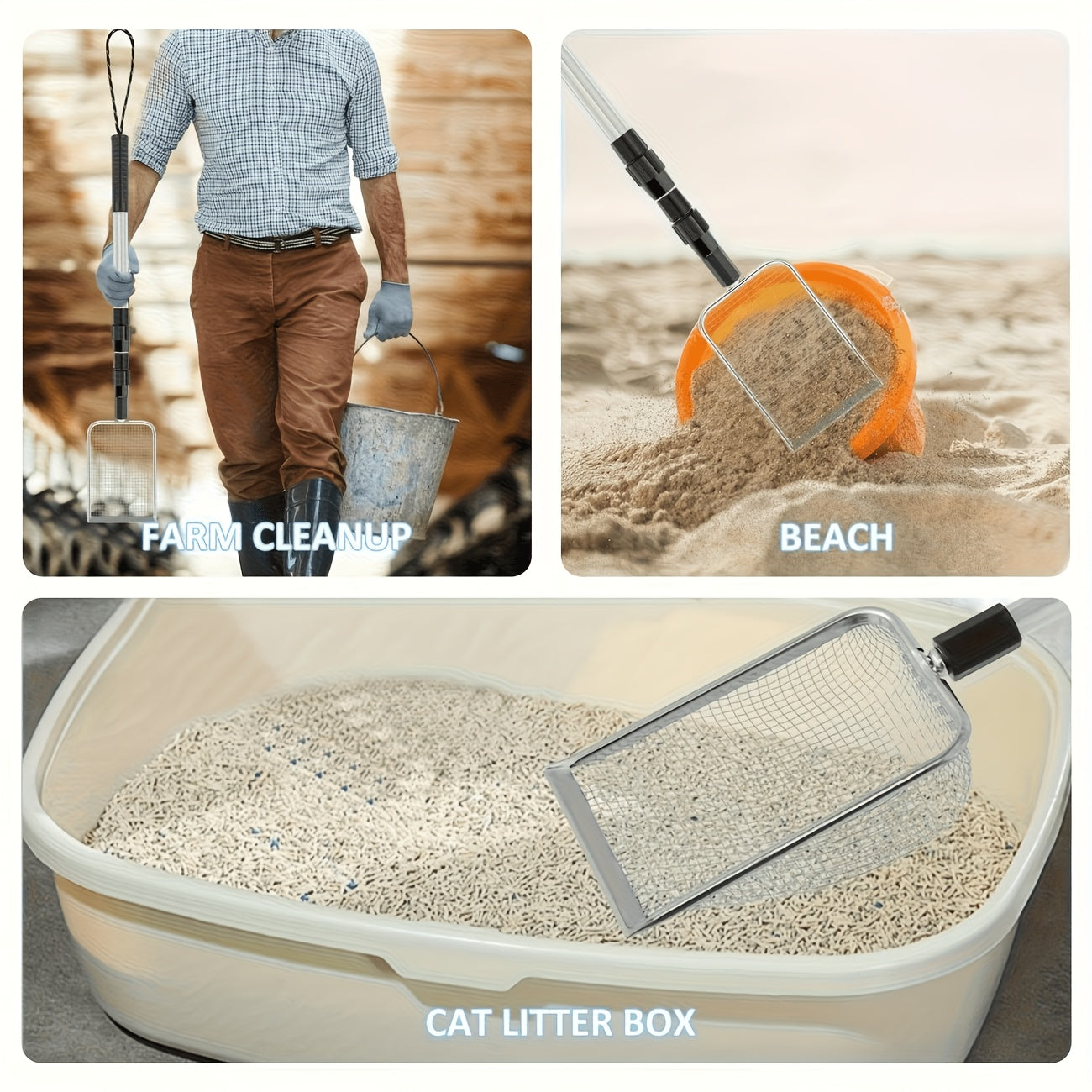 Stainless Steel Retractable Beach Sand Sifter – Portable Sand Sieve for Treasure Hunting, Shell & Conch Collecting, Beach Toy for Kids and Adults, Also Works as Cat Litter Scoop