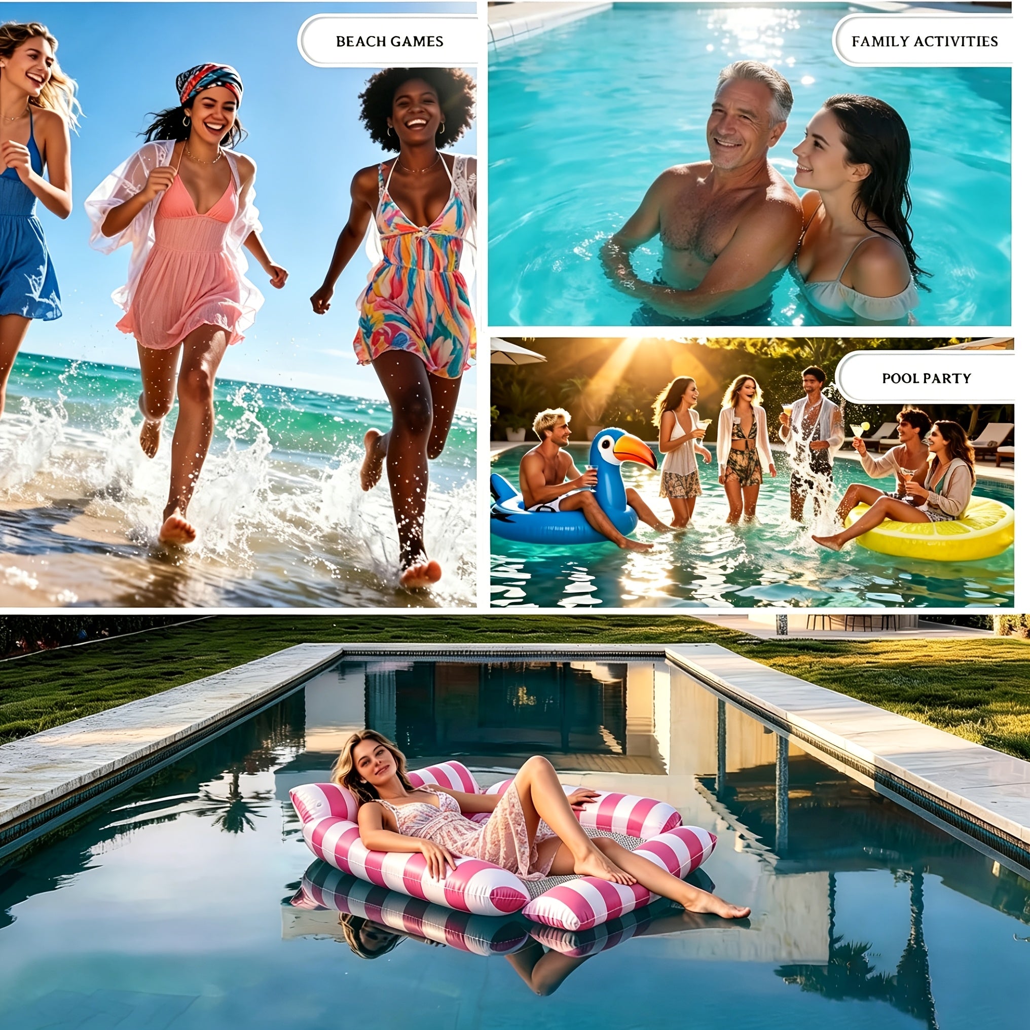 Inflatable Pool Float Bed with Cooling Mesh for Adults – Striped Foldable Floating Lounger Chair 43in, Beach Vacation Essential, 2 or 3 Pack