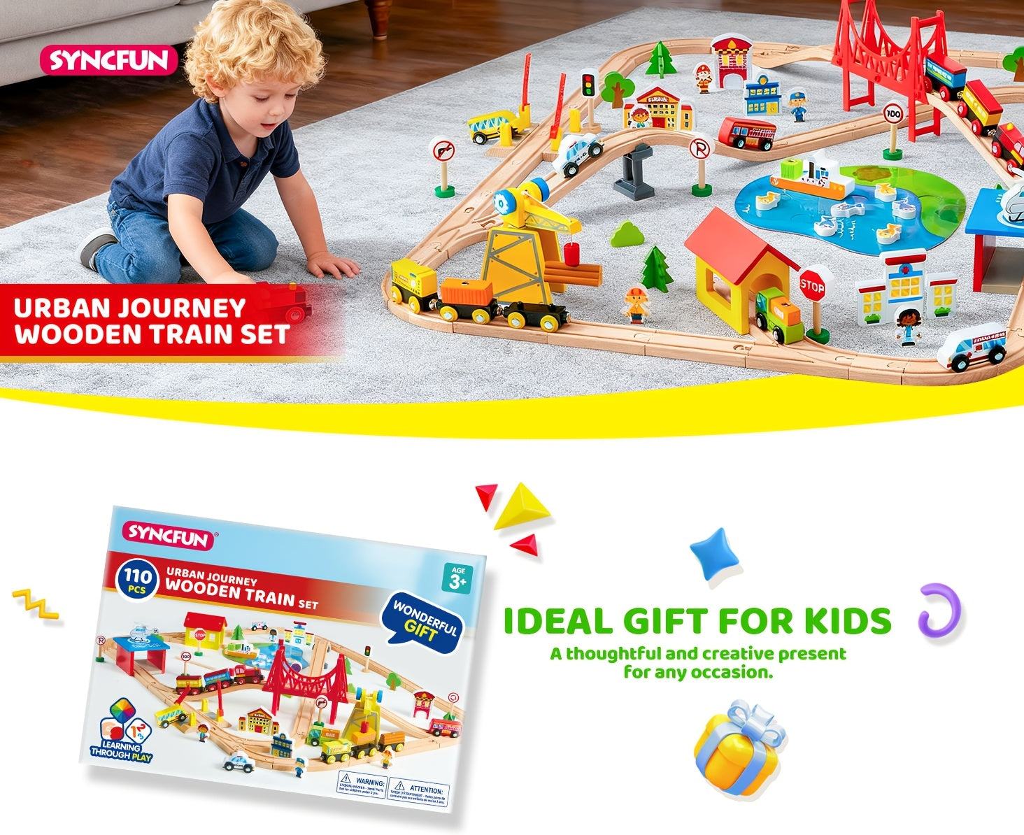 110pcs Wooden Train Set City Scene Railway – 6 Magnetic Trains, 7 City Themes, Helicopter, Ship & Vehicles, Compatible with All Brands, Birthday Christmas Gift for Kids
