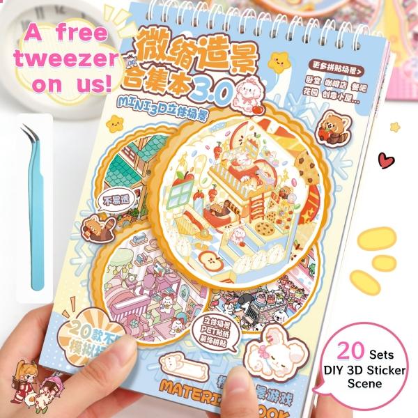 Miniature House Sticker Book with 20 DIY 3D Scenes and Tweezers, Paper Craft Activity for Adults, Teens and Family Creative Time