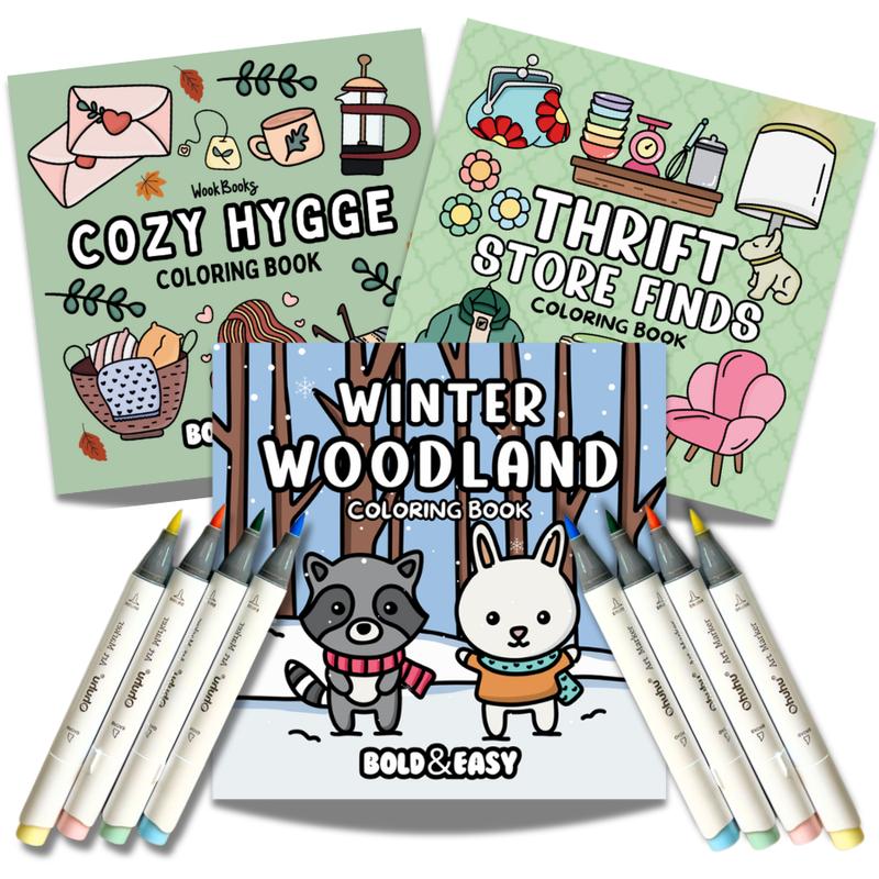 Coloring Book and Marker Bundle by Wook Books, 3 Bold and Easy Books with 8 Mystery Ohuhu Brush-Tip Alcohol Markers, Protective Sheet and Sticker Gifts