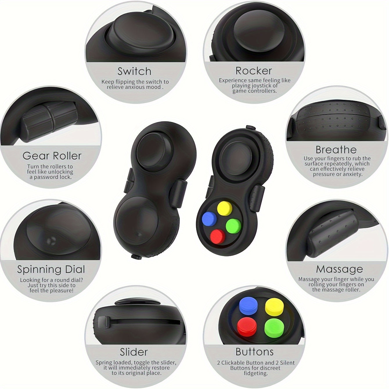 8-in-1 Retro Handheld Fidget Controller Toy 3pcs Set – Clickable Buttons Joystick Massage Roller Stress Relief Sensory Toy for Kids Teens Adults ADHD Anxiety Focus