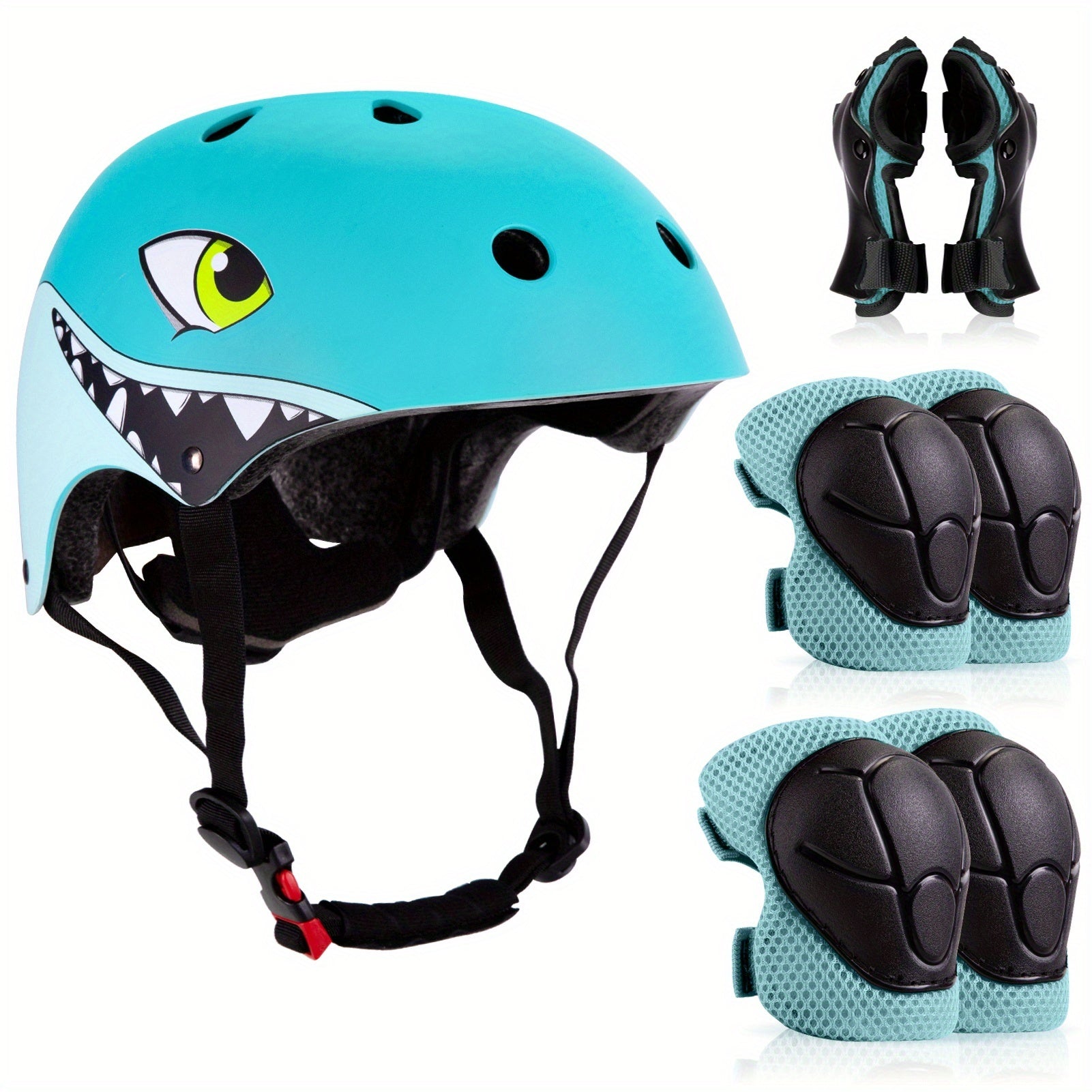 Shark Kids Bike Helmet with Protective Gear Set – Adjustable Lightweight Breathable Cycling Safety Helmet for Boys Girls Ages 5+ Birthday Gift (Blue & Black)