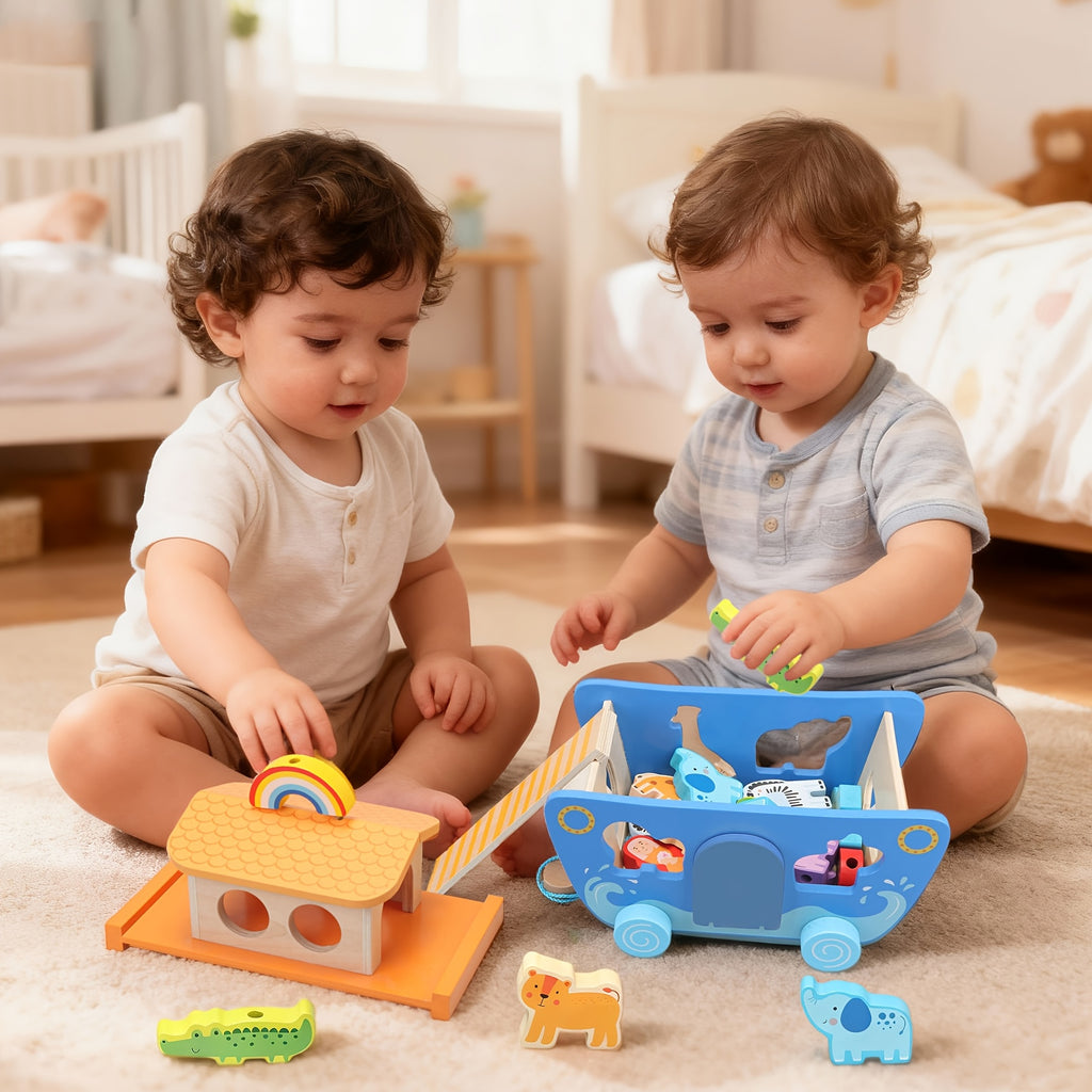 Wooden Noahs Ark Toy for Toddlers Ages 1-3 - Animal Shape Sorter Learning Toy with Wooden Animal Figures, Early Development Educational Toy, Baptism Birthday Christmas Gift for Boys Girls