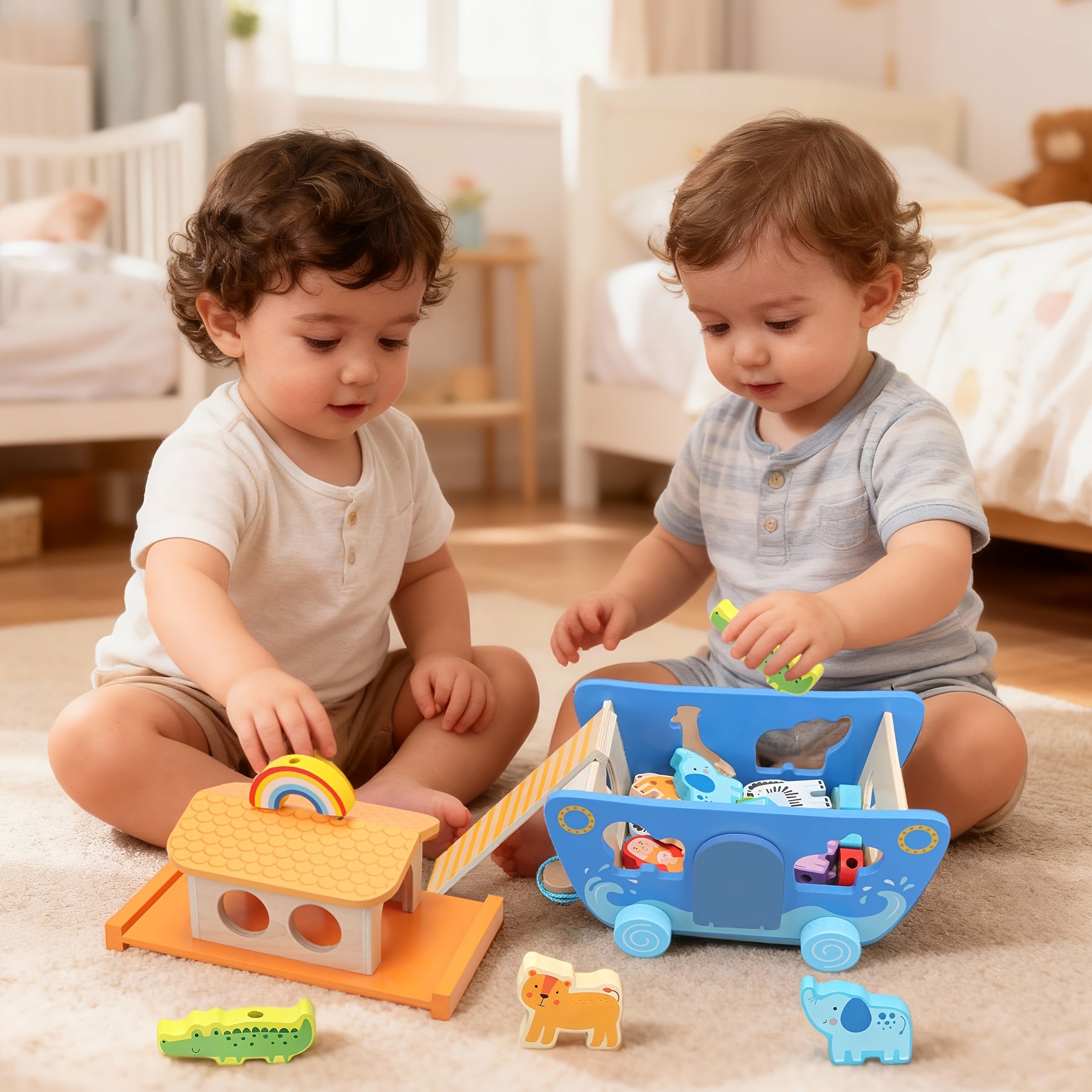 Wooden Noahs Ark Toy for Toddlers Ages 1-3 - Animal Shape Sorter Learning Toy with Wooden Animal Figures, Early Development Educational Toy, Baptism Birthday Christmas Gift for Boys Girls