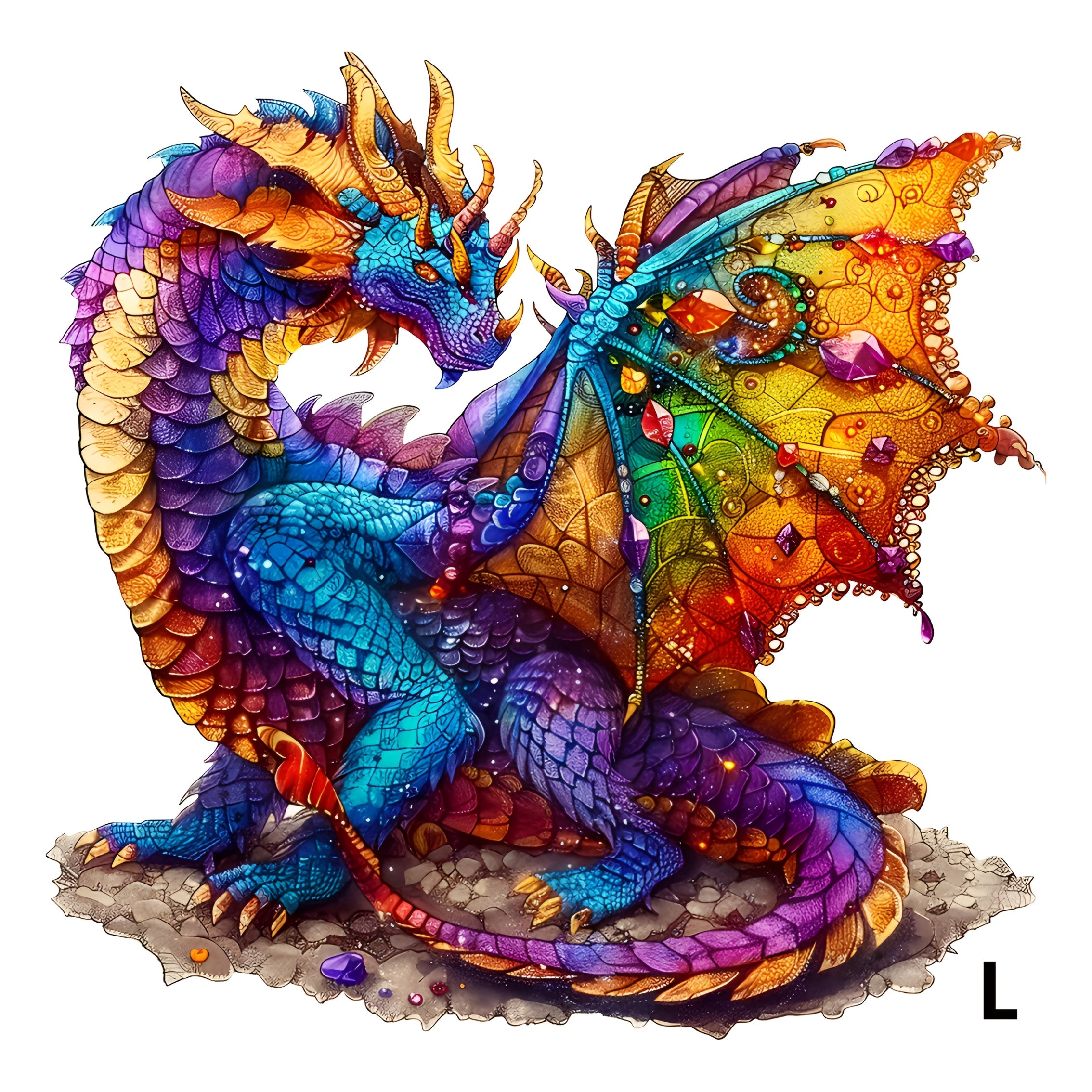 Dragon Wooden Jigsaw Puzzle Irregular Animal Shaped – Colorful Fantasy Gemstone Design, Unique Non-Repetitive Pieces, Brain Teaser Gift for Adults Kids, Home Decor Family Game S/M/L