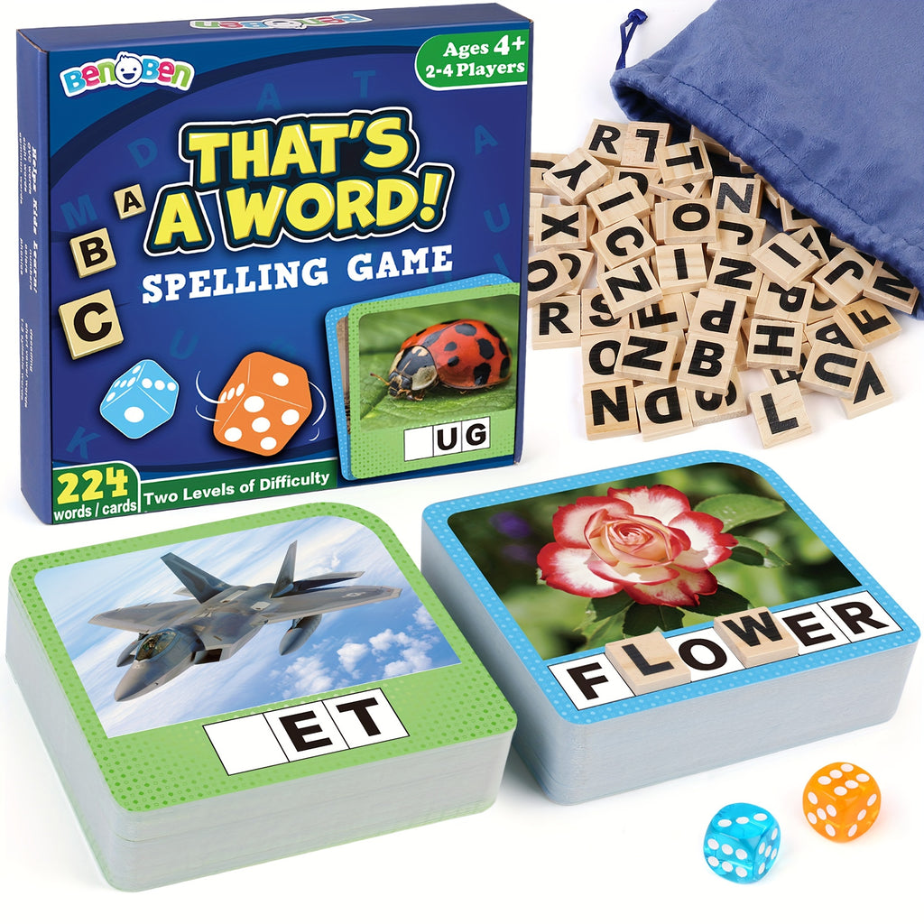 Spelling Game Flash Cards for Kids with 224 Sight Word Cards & 208 Wood Letter Tiles - Phonics Learning Game for Kindergarten Preschool Ages 4-8, Autism ADHD Friendly, Birthday Christmas Gift Boys Girls