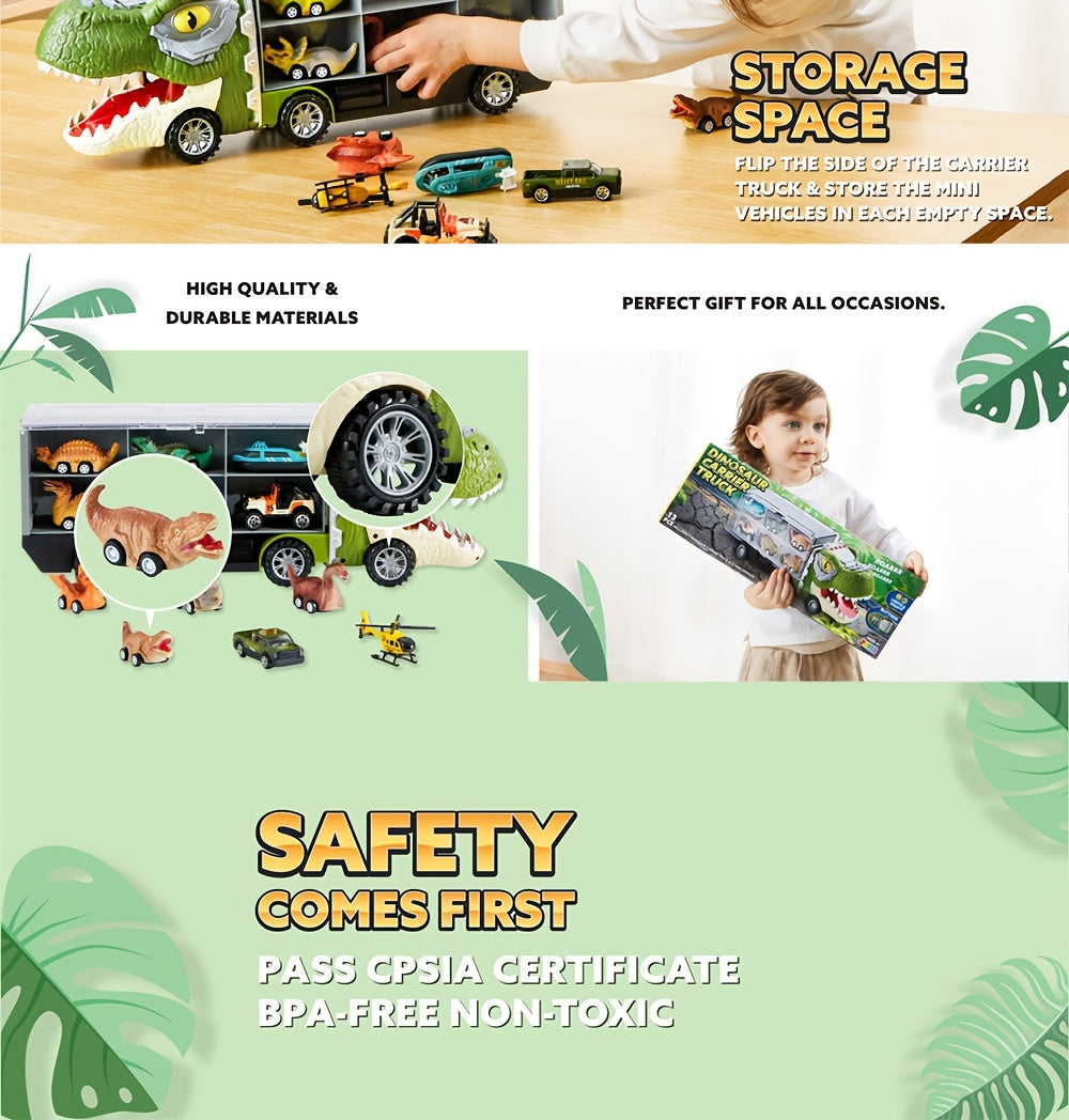 Dinosaur Truck Toy Set 13-in-1 for Kids – Transport Carrier with Sound & Lights, 12 Pull-Back Dino Cars & Helicopter, Birthday Gift for Boys Ages 3 4 5