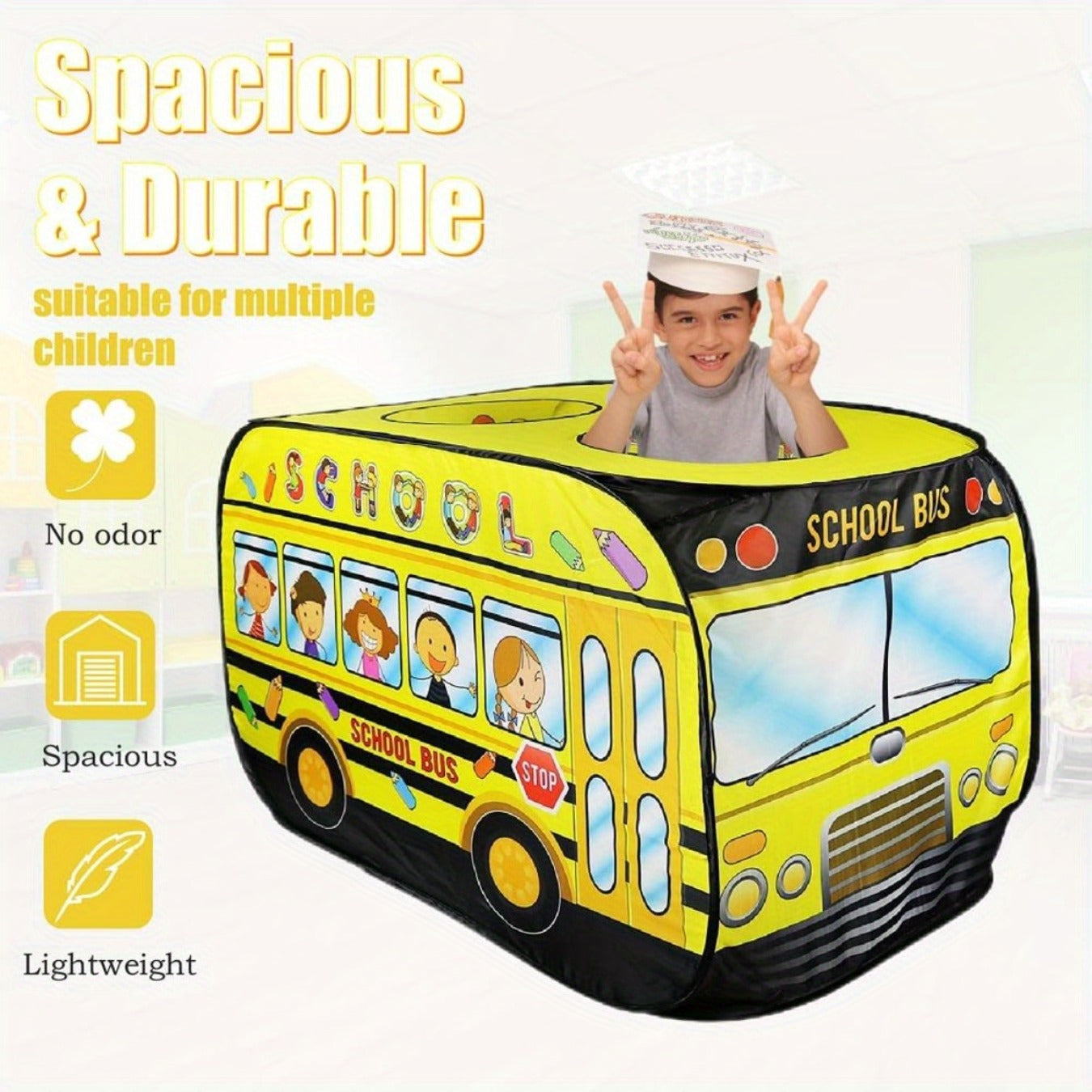 School Bus Pop Up Play Tent for Kids Indoor Outdoor Playhouse Fits 4 Children Instant Setup Role Play Theater Toddlers Ages 3+ Birthday Christmas Gift