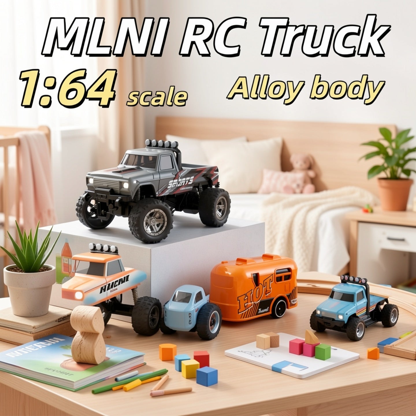 Mini RC Off-Road Truck 1/64 Scale Die-Cast with Trailer & Lights, 2.4GHz Rechargeable Climbing RC Car Adjustable Speed Pocket-Sized Palm Toy for Kids & Adults