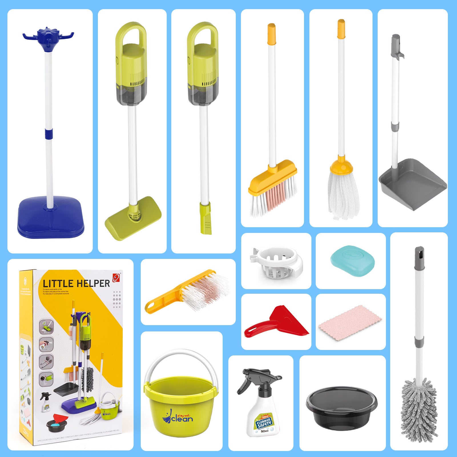 Kids Cleaning Toy Set 14 Pcs Pretend Play Housekeeping Playset with Electric Vacuum That Really Works Broom Dustpan Mop Birthday Gift Girls Boys