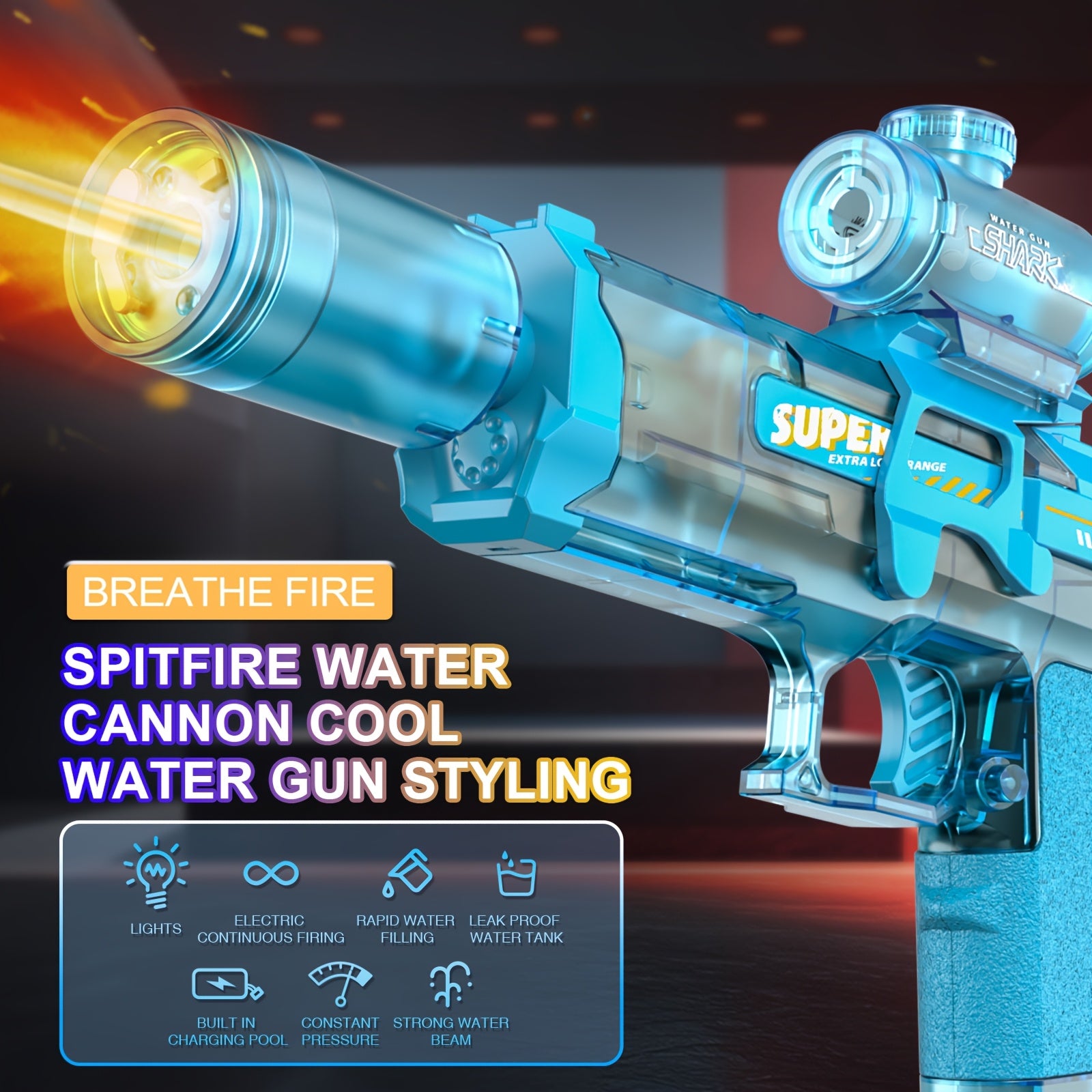 Electric Water Gun Handheld 32 Feet Range, Fire Pulse Flame Bubble Effect with LED Light & 2 Rechargeable Batteries, High Capacity Squirt Gun for Kids & Adults Pool Beach Backyard Outdoor Toy