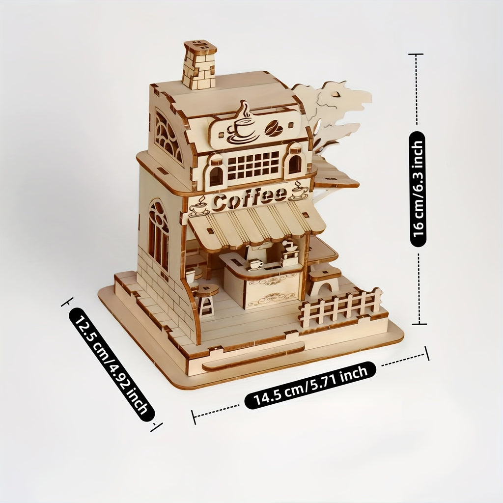 Coffee Shop 3D Wooden Puzzle Kit Miniature House Model with Artisan Coffee Machines DIY Build Creative Birthday Halloween Gift for Adults Teens