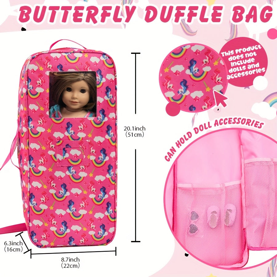 18 Inch Doll Travel Bag Unicorn Rainbow Print – Pink Large Capacity Multi-Pocket Crossbody Carrier Bag for 18 Inch Dolls & Accessories, Gift for Girls Ages 3+