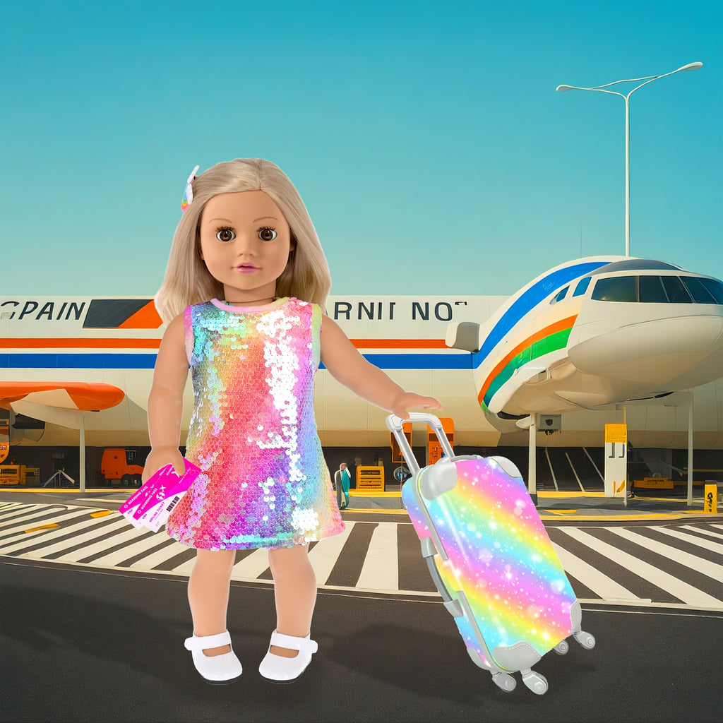 24 Piece Doll Travel Set for 18 Inch Dolls – Suitcase Dress Shoes Handbag Glasses Passport Hairband Pillow Accessories Kit No Doll Girls Ages 3+ Birthday Christmas Gift