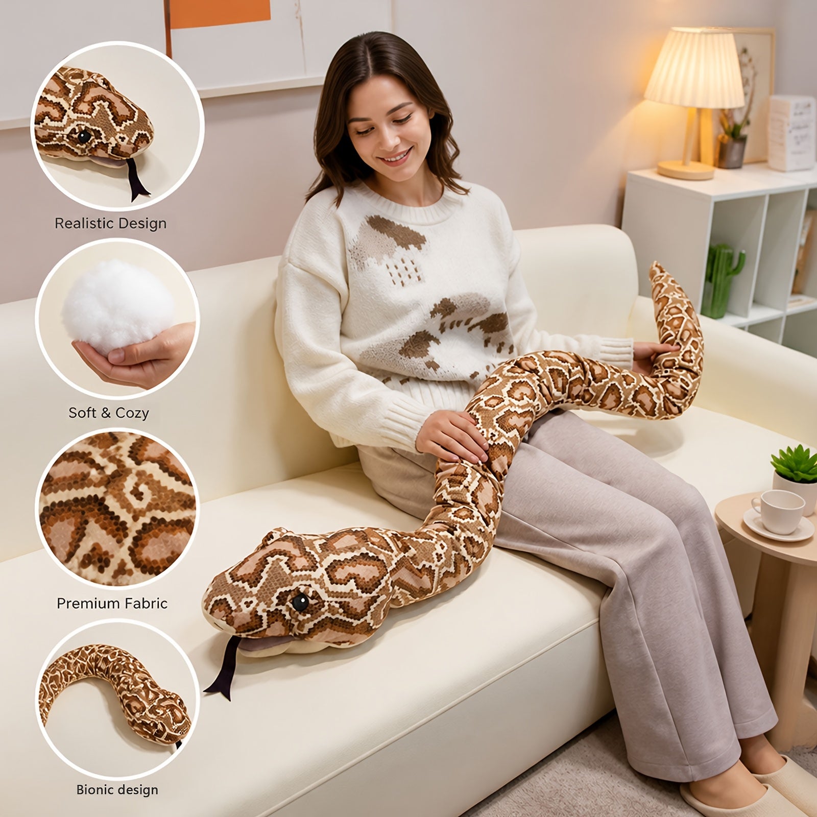 Giant Snake Plush Toy Pillow Realistic Python Stuffed Animal - Funny Prank Gift Cushion Doll for Halloween Christmas Kids Adults Small