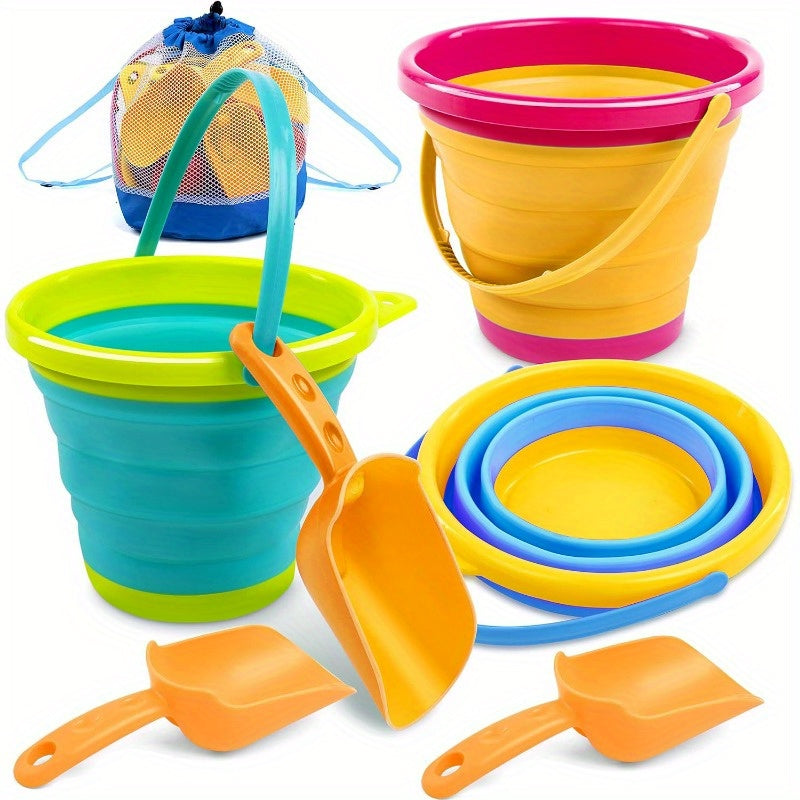 Foldable Beach Bucket Set 3 Pack Collapsible Sand Pails with Shovels & Mesh Bag – Kids Beach Toy for Sand Play, Pool, Camping
