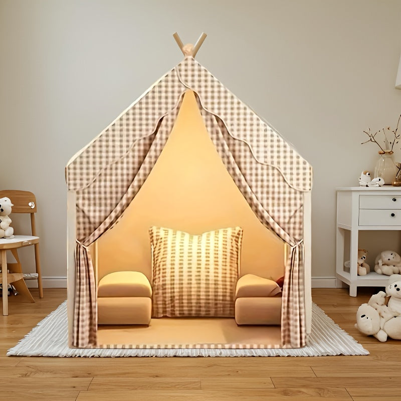 Kids Play Tent Indoor Outdoor, Cabin Style Polyester Playhouse for Boys Girls Ages 3+, Cozy Kids Fort for Role Play Pretend Games Reading Nook Home Decor, Birthday Christmas Holiday Gift (Lights Not Included)