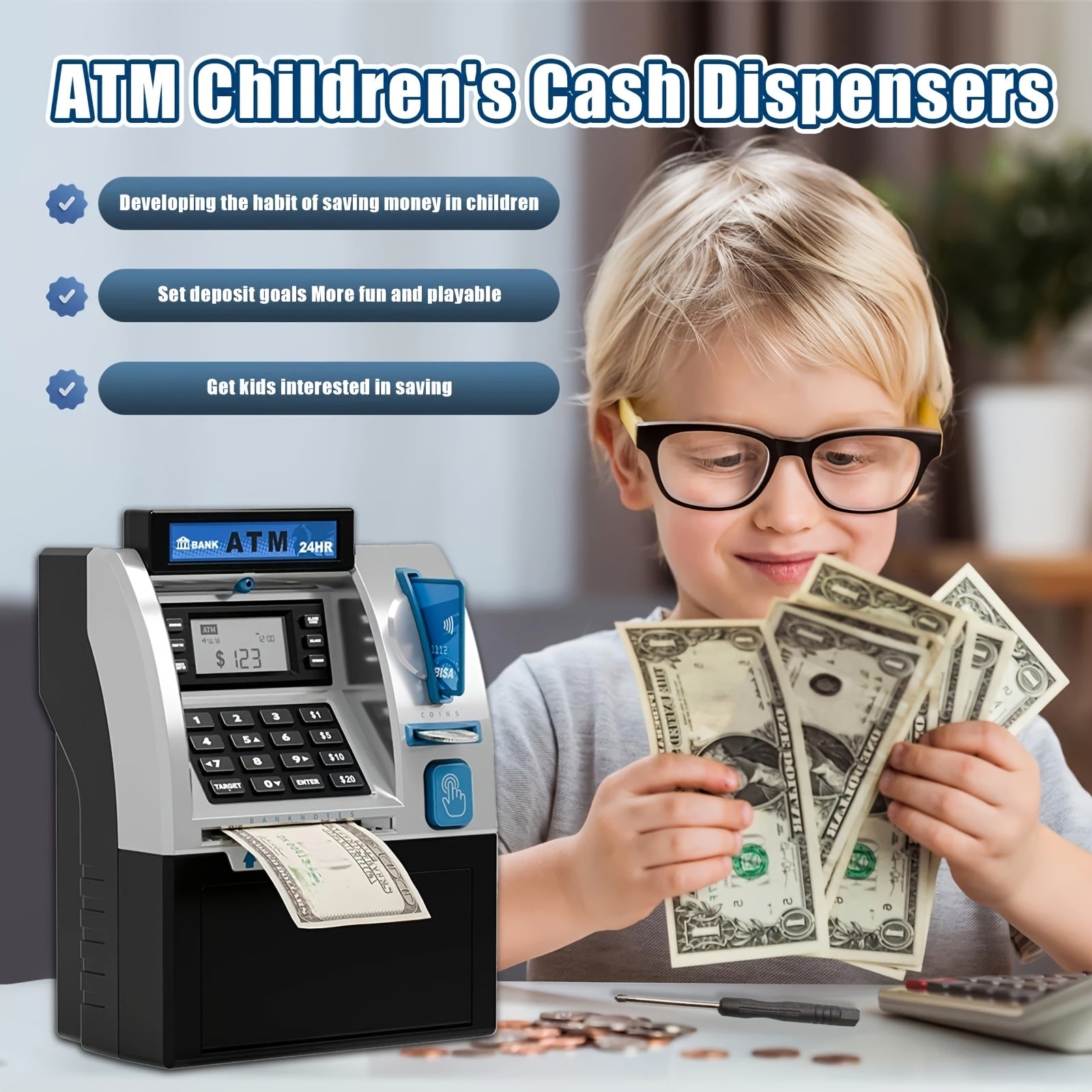 Kids Electronic ATM Piggy Bank with Password Lock – Coin & Banknote Savings Bank for Boys & Girls, Financial Education Toy, Birthday Christmas Holiday Gift Ages 5+