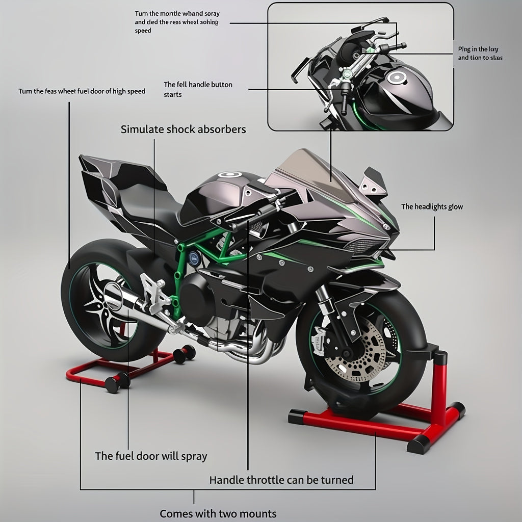 Die-Cast Motorcycle Model with Realistic Sound Effects & Exhaust Spray – 1:6 Scale Alloy Replica with LED Lights, Rotating Wheels & 8 Accessories, Collector Gift for Motorcycle Enthusiasts