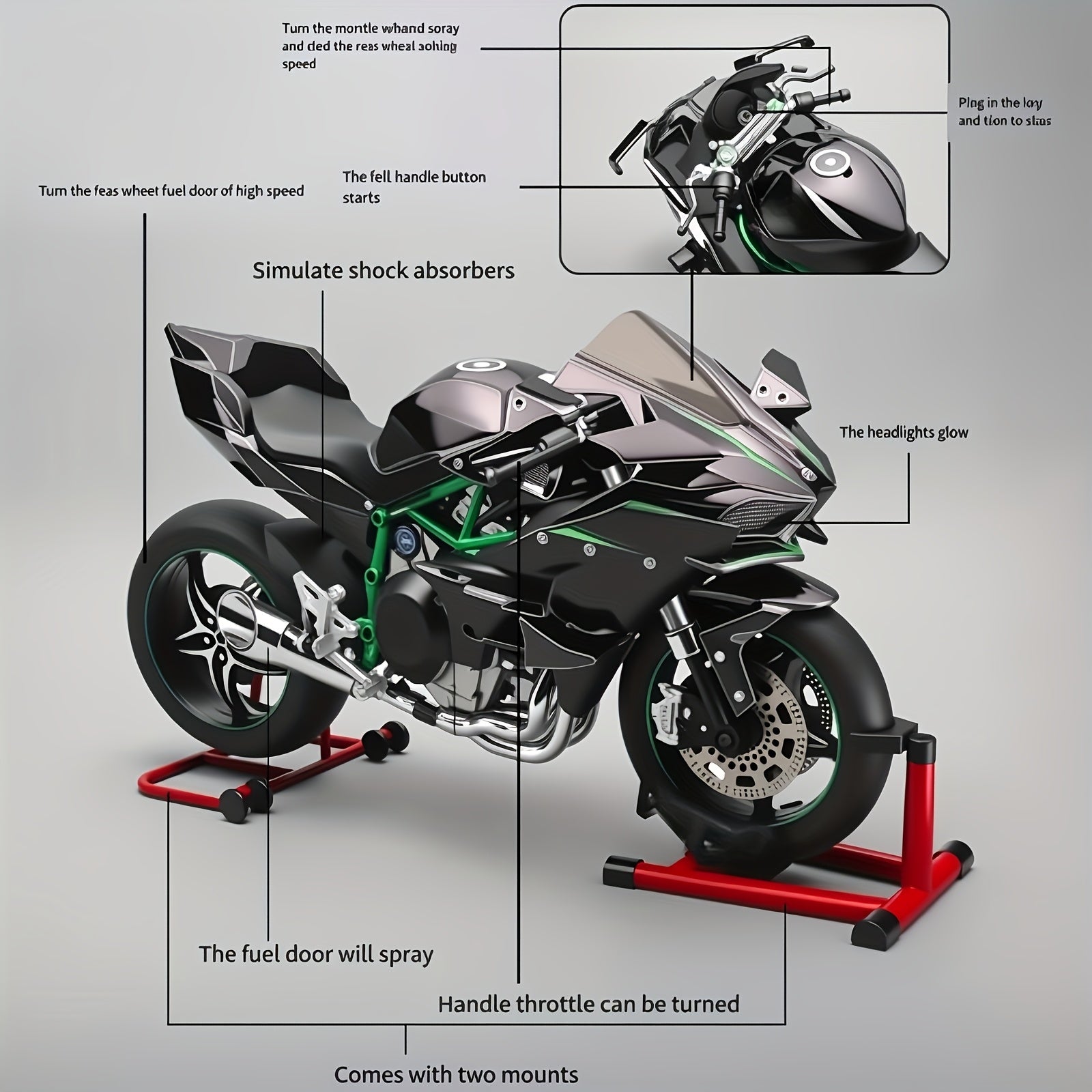 Die-Cast Motorcycle Model with Realistic Sound Effects & Exhaust Spray – 1:6 Scale Alloy Replica with LED Lights, Rotating Wheels & 8 Accessories, Collector Gift for Motorcycle Enthusiasts
