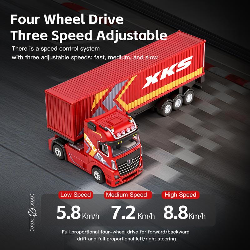 Mini RC Semi Truck with Detachable Container Trailer, HOTFREE 1:64 Scale Red 2.4GHz Remote Control Vehicle with LED Headlights for Indoor Play and Display