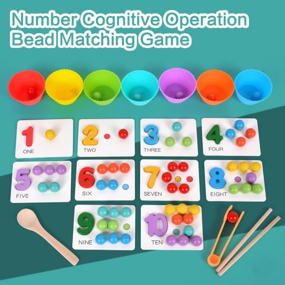 Colorful Wooden Bead Counting Set with Tweezers, Number Puzzle & Matching Cards – Fine Motor Skills Toy for Toddlers, STEM Learning Gift for Kids Ages 3+