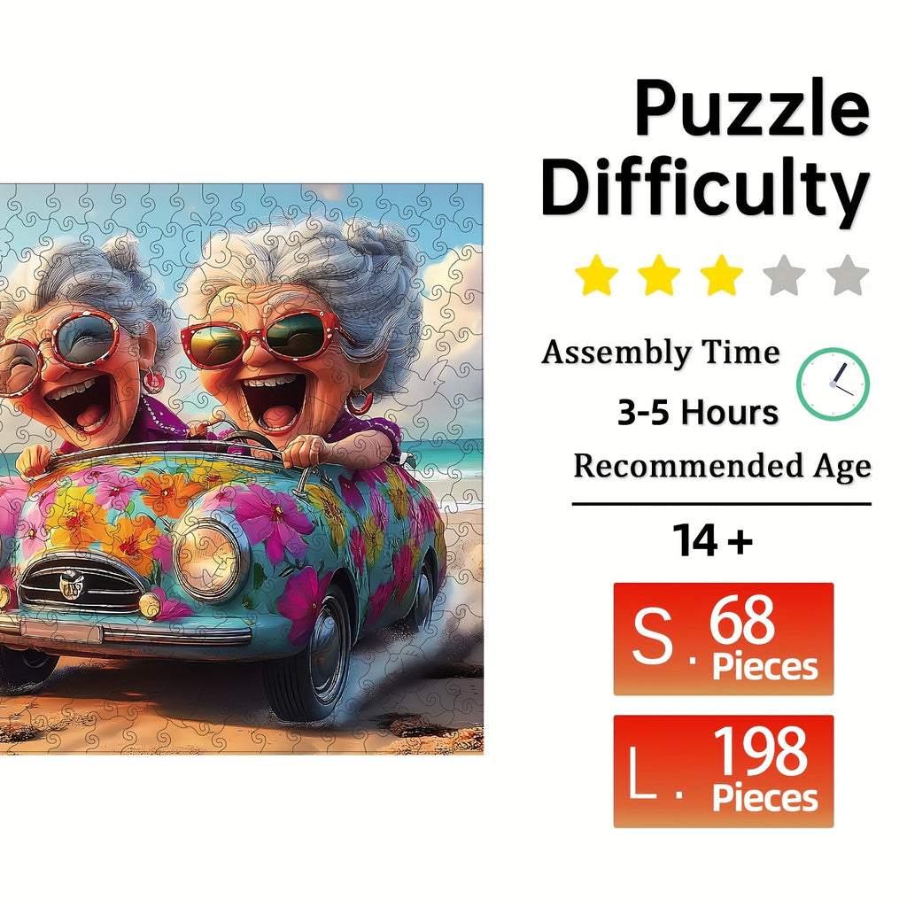 Happy Old Lady Wooden Jigsaw Puzzle – Irregular Animal-Shaped Unique Wood Puzzle, Modern Art Home Decor, Special Holiday Birthday Gift for Friends & Family
