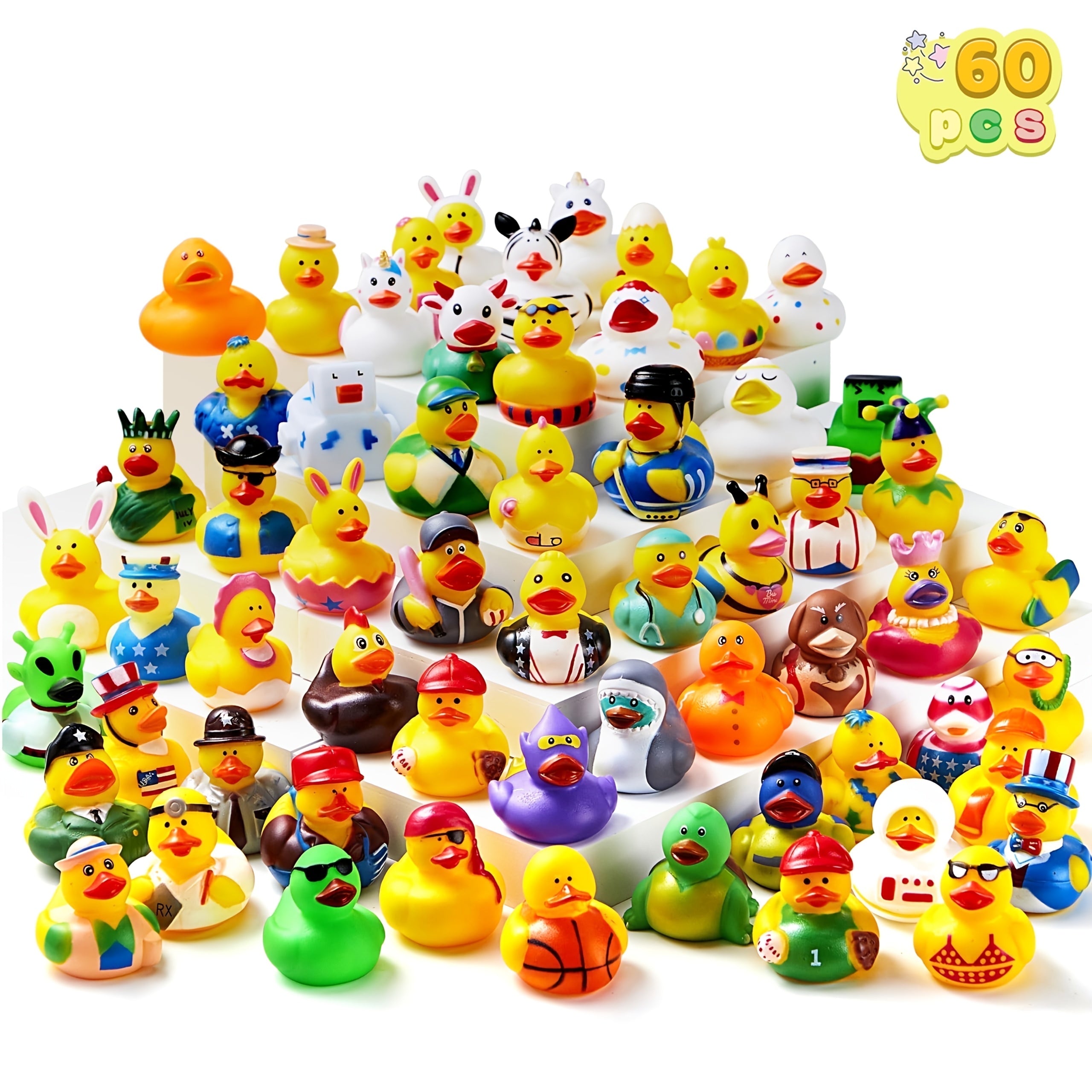 SYNCFUN Mini Rubber Duck Bath Toy Set 60pcs - Assorted Designs with Mesh Carry Bag, Bulk Rubber Duckies for Kids Bath Time, Baby Shower Party Favor, Pool Toy for Boys Girls