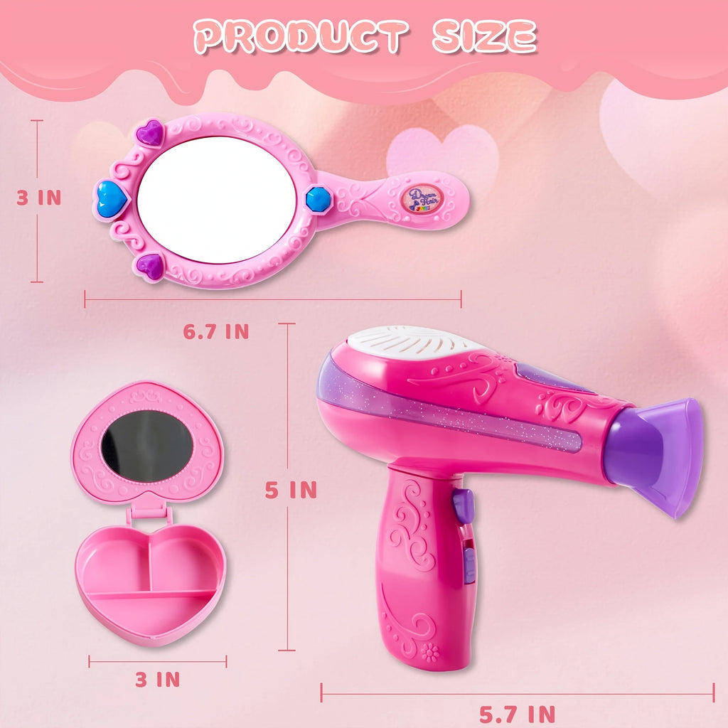 Girls Beauty Salon Set 17pcs Pretend Play Hair Stylist Toy Kit with Hairdryer Mirror Curling Iron Kids Ages 3+ Birthday Christmas Gift