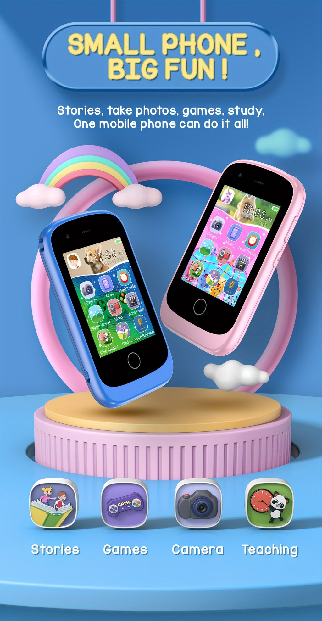 Kids Smartphone Toy with Puzzle Games Storybooks Video Recording Camera Music Player Painting Flashlight Alarm Clock USB Rechargeable – Gift for Girls Boys Toddlers
