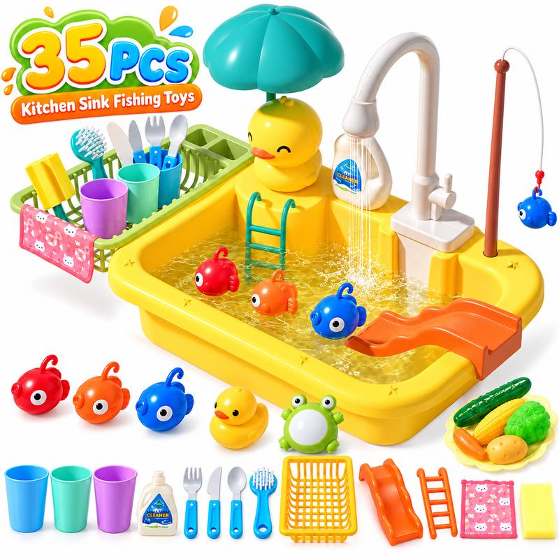 Play Kitchen Sink with Running Water, CUTE STONE 1.7L Kids Pretend Wash Station with Fishing Game, Toy Food, Dishes and Drain Rack