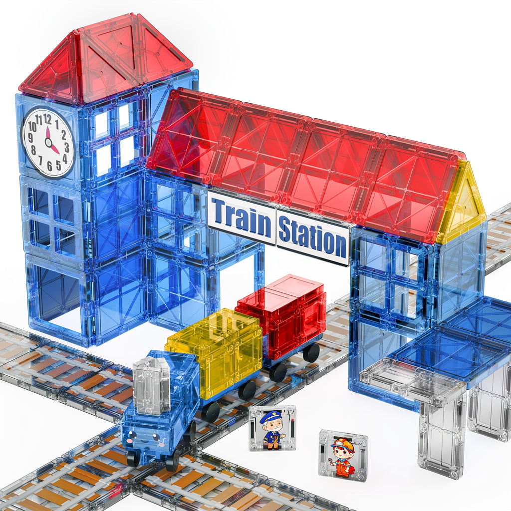 Magnetic Train Station Building Set 60pcs with Railway Tracks Train Clock Tower Trees STEM Educational Toy for Toddlers Kids Ages 3 4 5 6 - Gift