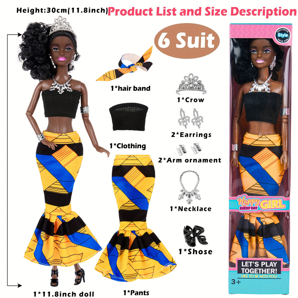 African American Curly Hair Fashion Dolls 6 Pack – 11.5 Inch Bohemian Style Dolls with Removable Outfits, Headscarf & Necklace, Diverse Doll Set Gift for Girls Ages 3+