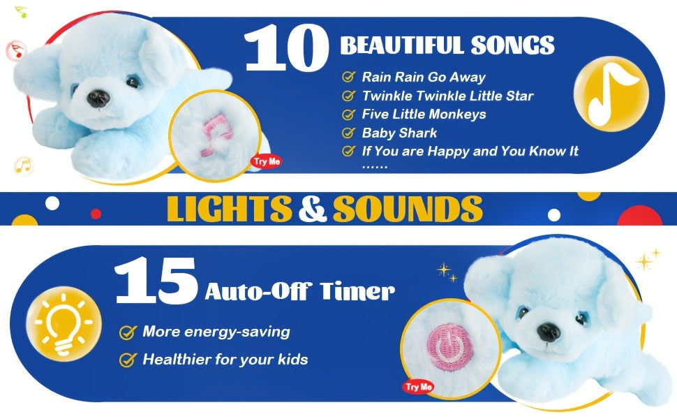 Light Up Music Blue Puppy Plush Toy – Soft Stuffed Animal Dog with Glowing Lights & Sound, Cute Plushie for Kids, Birthday Christmas Halloween Gift, Room Decoration