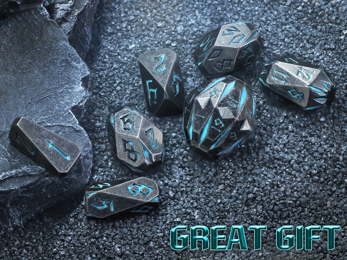 Metal DND Dice Set 7 Piece Stonehenge Themed Glow in the Dark – Zinc Alloy Heavy Polyhedral RPG Dice D4-D20 with Gift Box Blue, Dungeon Master Birthday Christmas Gift for Tabletop Gamers