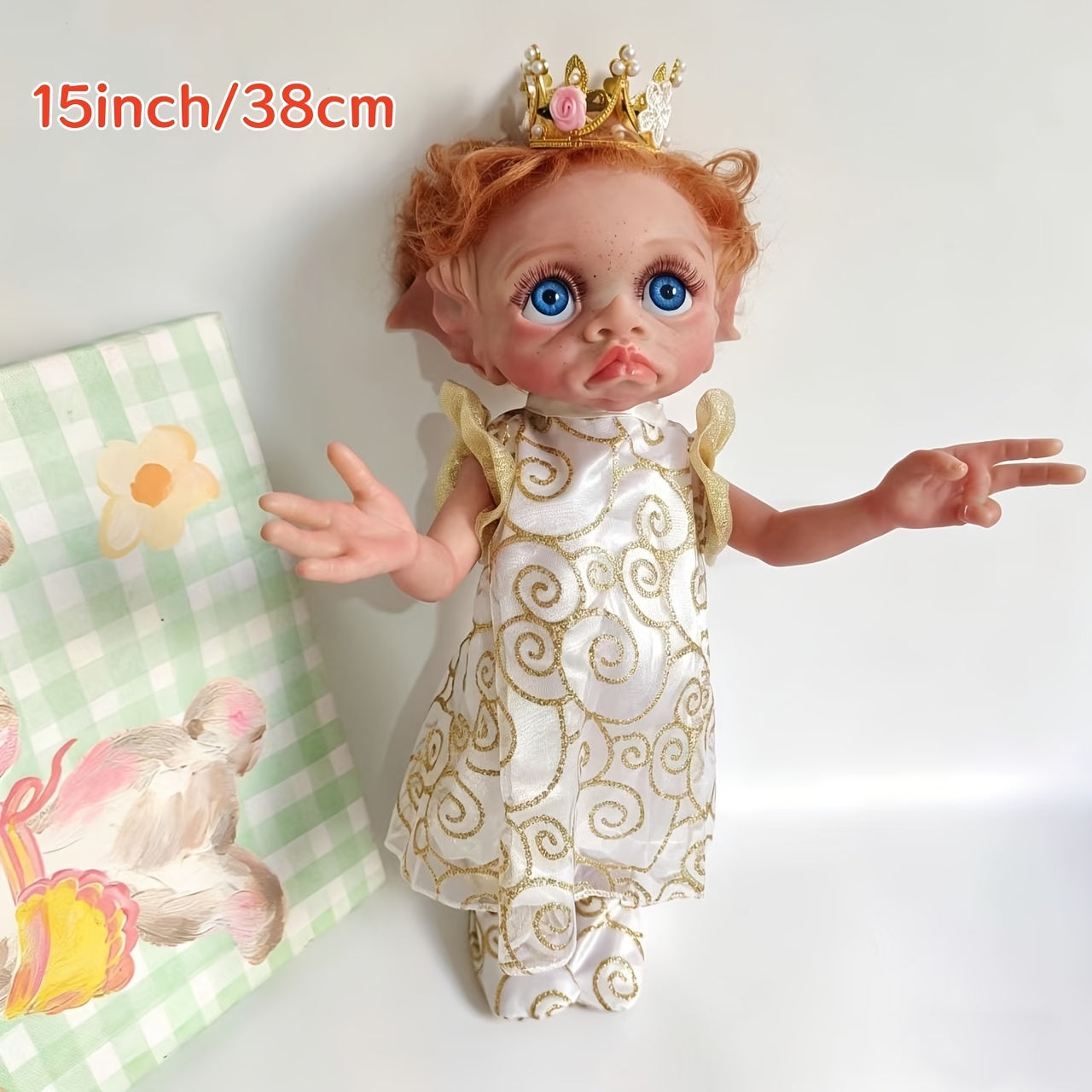 Fairy Elf Reborn Doll 15 Inch Fully Hand Painted Soft Vinyl – Poseable Bathable Rooted Hair Collectible Art Doll with Crown Halloween Christmas Easter Birthday Gift