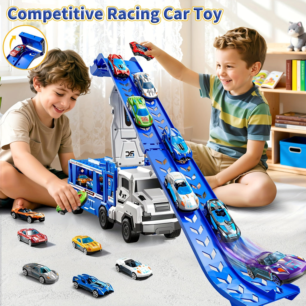 3-in-1 Kids Carrier Truck Toy with Car Tracks, 12 Racing Cars, Foldable Race Track & Garage – Toddler Birthday Gift for Boys Girls Ages 3+, Blue