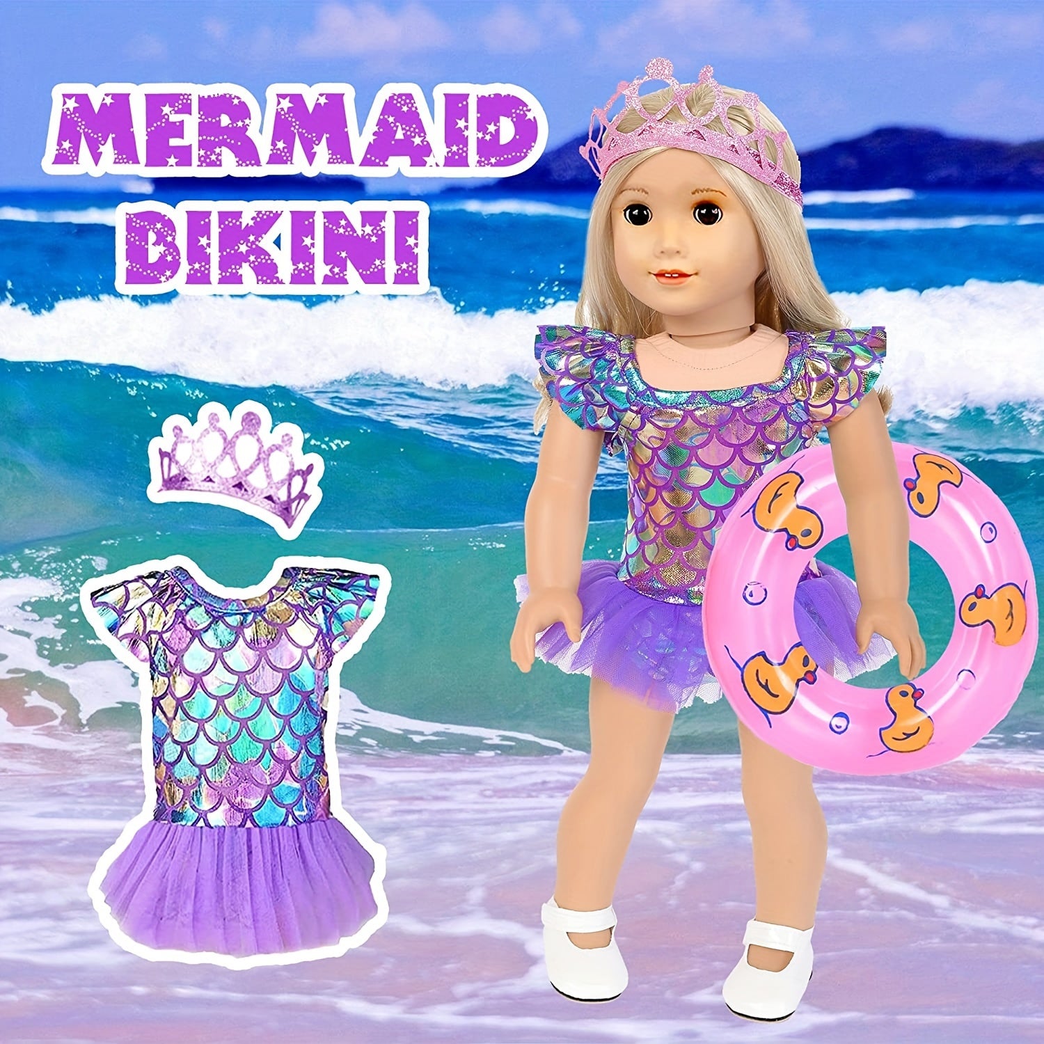 20 Piece Mermaid Doll Travel Set for 18 Inch Dolls – Suitcase Mermaid Dress Outfits Bag Camera Glasses Passport Accessories Kit No Doll Girls Ages 3+ Gift