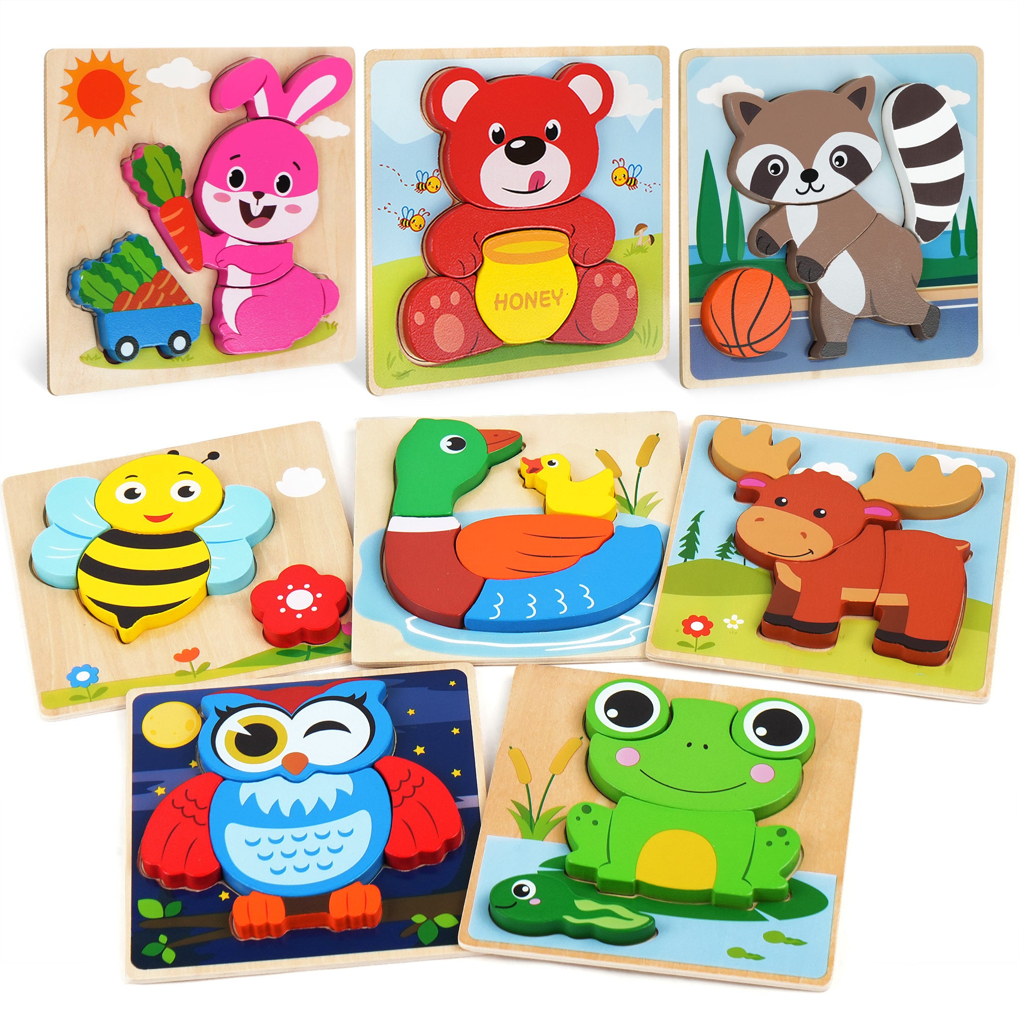 8-Pack Animal Wooden Puzzles for Toddlers Ages 1 2 3 – Colors & Shapes Cognition Learning Toy, Preschool Educational Gift for Baby Kids Christmas Birthday