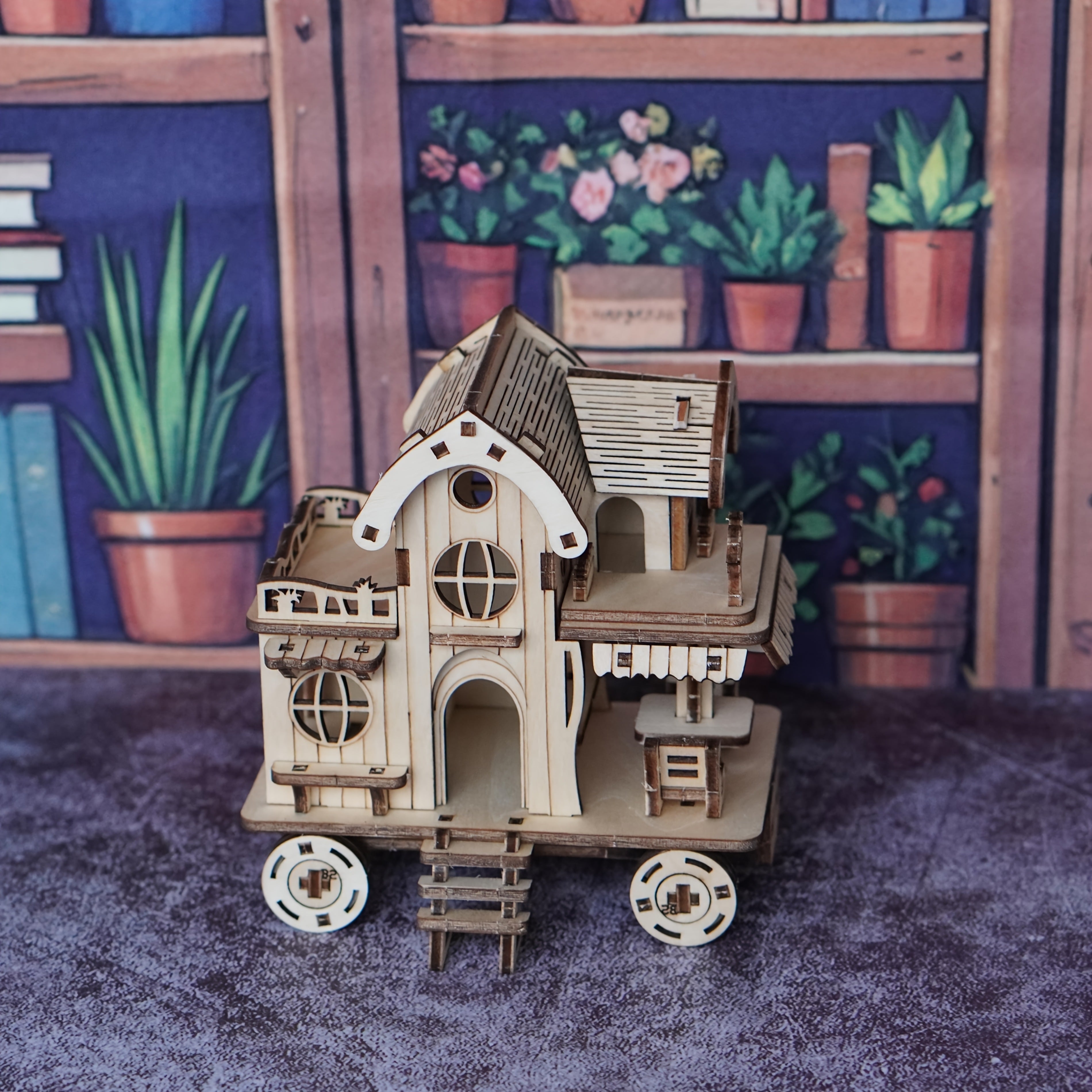 3D Wooden Puzzle Villa Model Kit, Mobile Café Bar on Wheels Handcrafted Wood Assembly Building Blocks, Creative DIY Brain Teaser Gift for Adults Teens & Kids