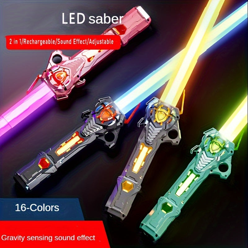 Light Up Saber RGB 16 Colors Rechargeable Light Sword with Gravity Sensor Sound Effects 2-in-1 Flashing Stick Space Sword Costume Toy
