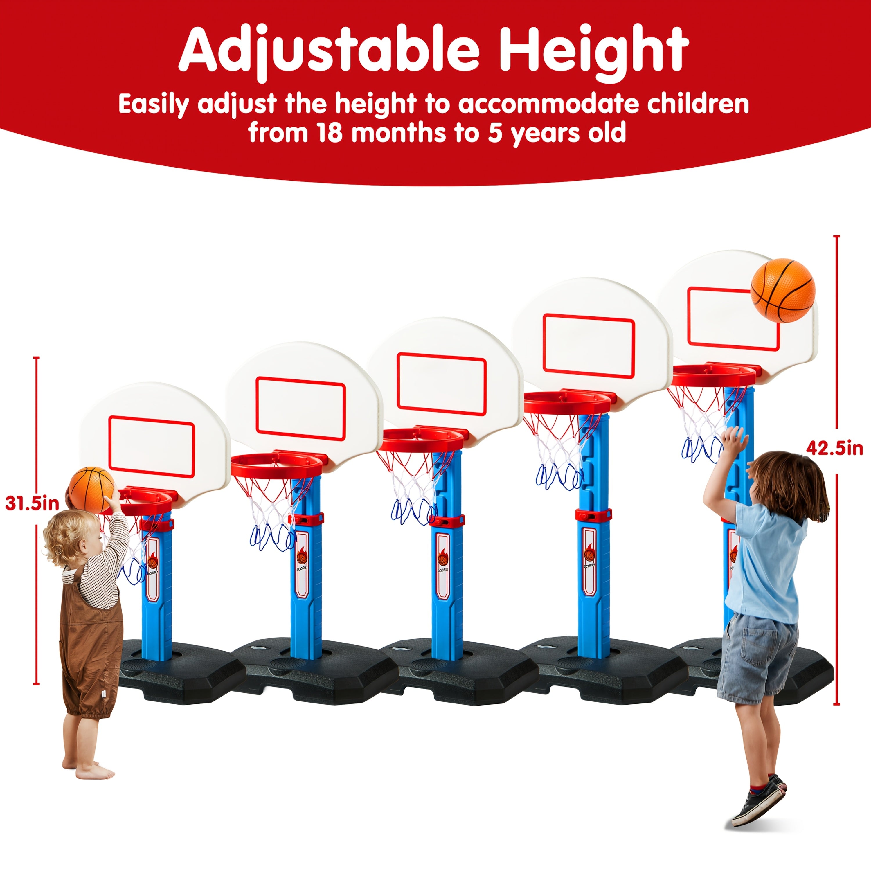 Adjustable Basketball Hoop Set for Kids with 4 Balls & Air Pump – Height 2.5–3.5 Ft, Indoor Outdoor Arcade Game, Sports Toy Gift for Boys & Girls Ages 3+