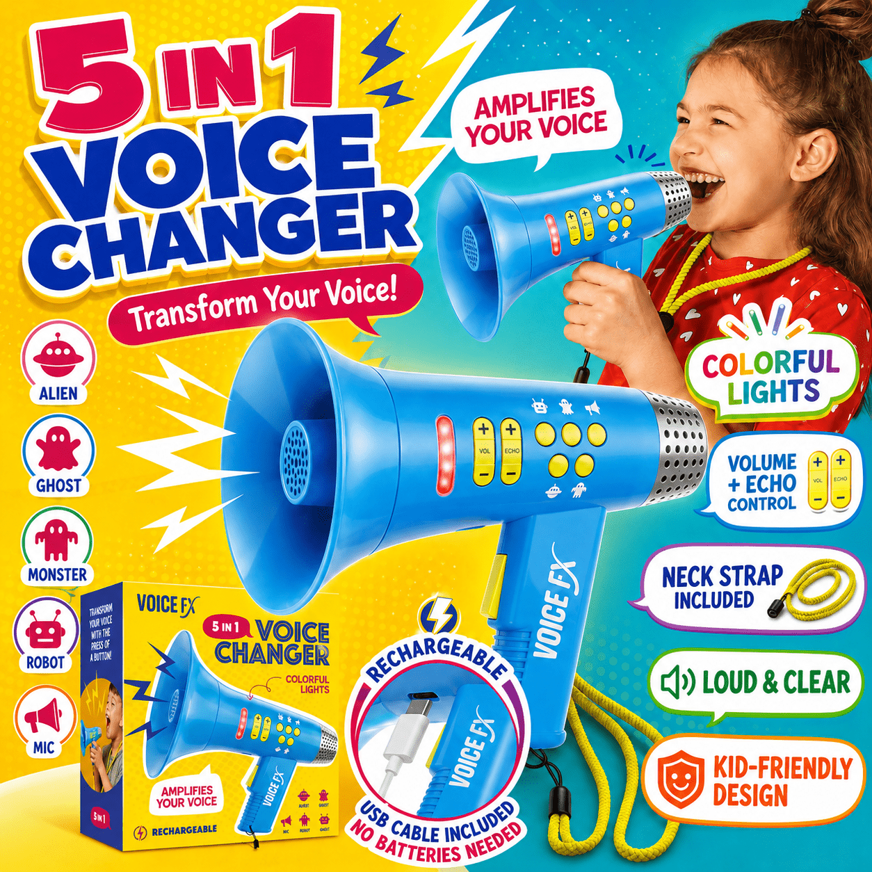 Voice Changer Megaphone Toy for Kids 5-in-1 - LED Lights, USB Rechargeable, Echo & Volume Control, Toddler Microphone for Pretend Play, Birthday Gift for Boys & Girls
