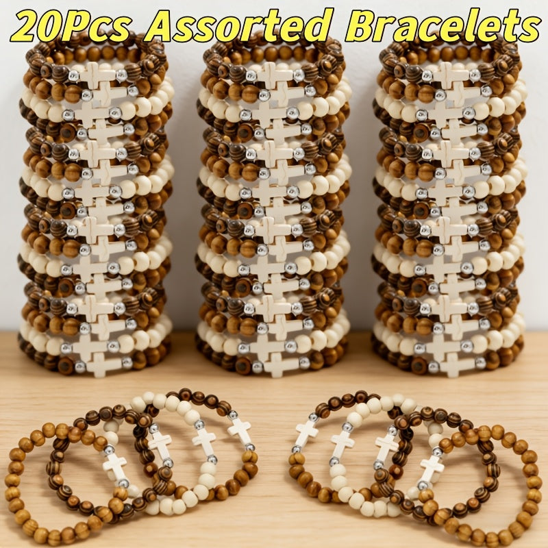 Cross Bracelet Christian Baptism Gift Set 20/40pcs Vintage Ethnic Alloy Pendant Woven Elastic Jewelry Toy Random Colors Kids Party Favor