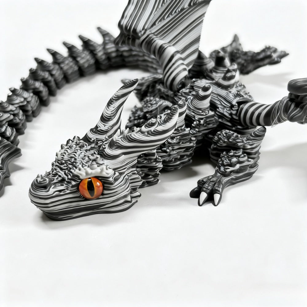 Articulated Cybernetic Dragon Statue 3D Printed Figurine – Black & White Swirl, Random Eye Color, Poseable Desktop Collectible Art Gift for Dragon Lovers & Teens