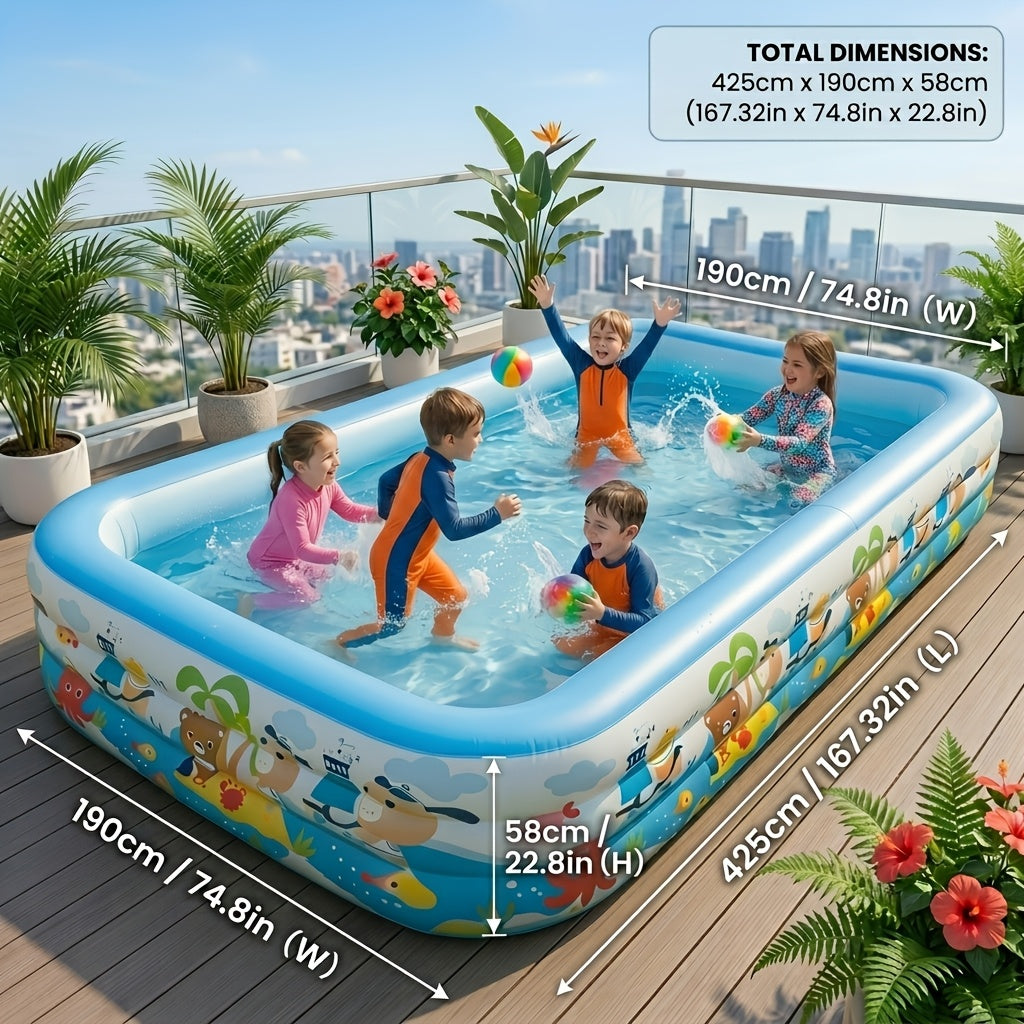 Large Cartoon Inflatable Swimming Pool for Kids & Family – Thickened Portable Wading Pool for Backyard Patio Garden, Quick Inflate Summer Outdoor Water Fun, Top Gift Choice