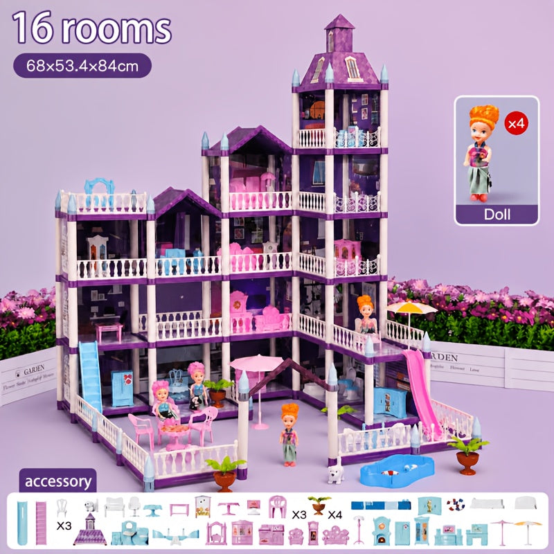 Dollhouse for Girls Ages 3-10 with Doll Figures Puppies Furniture Accessories LED Light - 6 to 16 Room Purple Playhouse, Imaginative Pretend Play Toy, Birthday Christmas Easter Gift for Girls