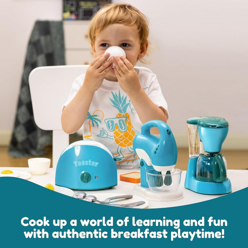Kids Play Kitchen Toy Set with Coffee Maker, Mixer & Toaster – 25-Piece Pretend Play Appliance Toys with Utensils Plates Cups for Toddlers Ages 3+ Birthday Gift
